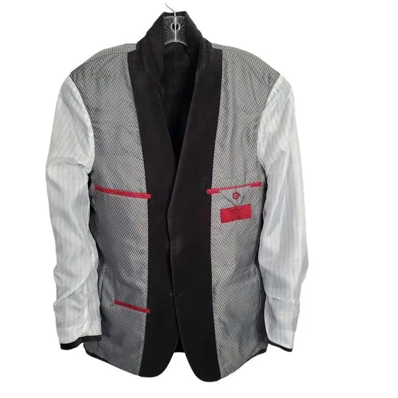 Alfani Mens Size 40L Blazer Sport Coat Slim Fit Velvet Micro Check Black Gray